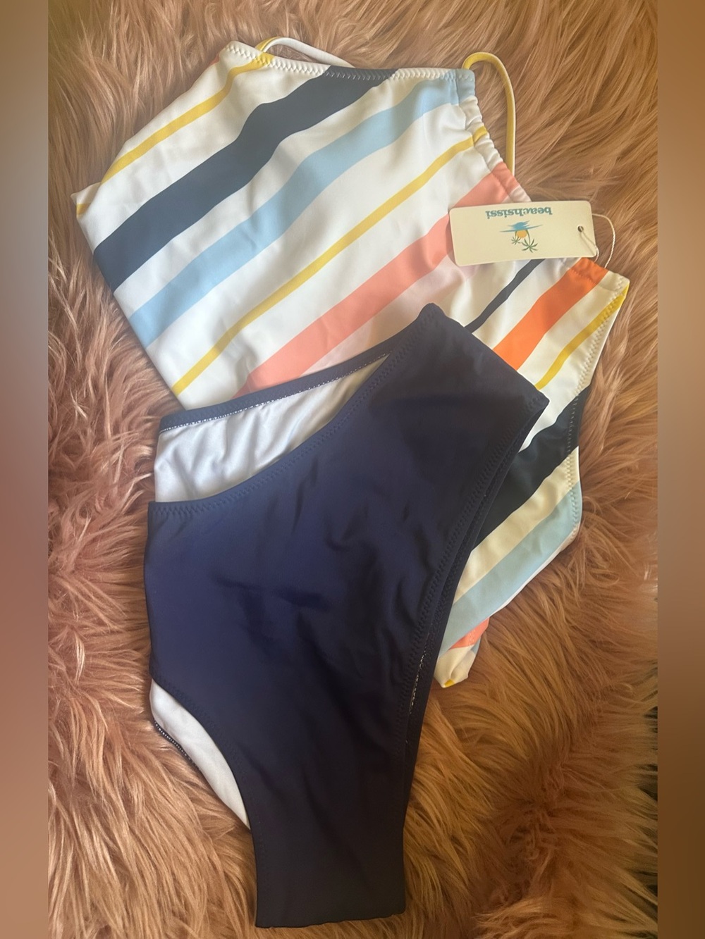 Striped High Neck Bikini Top & Navy Bottoms